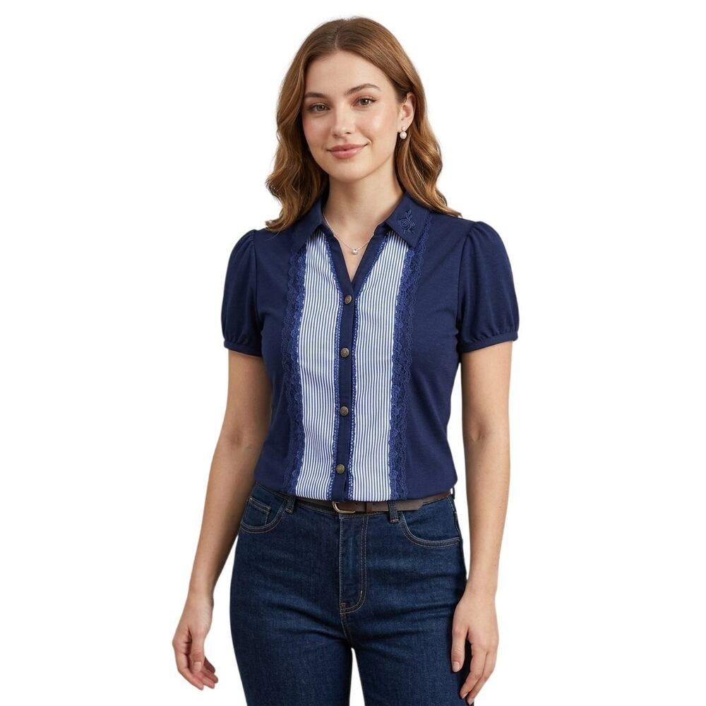 axes femme Navy Blue Stripe Lace Polo Top Puff Sleeve J-Fashion Coquette  NWOT S